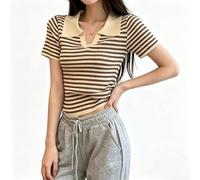 Women's Striped Knit for top Short Sleeve for jumper Thin Collar | Shirt Fashion Blouse Casual Holiday Wear Club Night Outfit Spring Summer Autumn Winter One