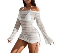 Women's Striped Knitted Dress Long Sleeve Mesh Tops Sexy Bikini Set Swimsuit Multicoloured Transparent Crochet Dress Summer Beachwear for Holiday Sun Protection Shirt Stretch Swimsuits, White, S