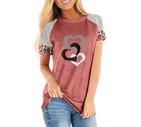 Women's Striped Leopard Stitching Print Crew Neck Top T-Shirt Turtleneck Short Sleeve, red, XXL