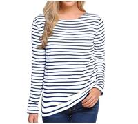Women's Striped Long Sleeve Tshirt Tops Fashion Soft Lightweight Pullover Round Neck Basic Tops Casual Loose Fit Shirts Womens Comfy Spring Summer Going Out Tee Shirts Dressy Blouse (A1-Blue, S)