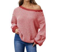 Women's Striped Off Shoulder Knit Pullover Sweater Loose Oversized Long Sleeve Tunic Top Comfortable Casual Winter Fashion (Red, M)