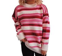 Women's Striped Pullover Retro Striped Warm Jumper Women's Autumn and Winter New Contrast Stripe Loose Round Neck Long Sleeve Knitted Pullover Sweater Underlay Striped Jumper (Pink, S)