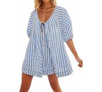 Womens Striped Romper Puff Sleeve Mini Dress V Neck Short Jumpsuit Beach Vacation Outfits(Blue,S)