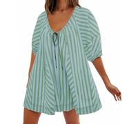 Womens Striped Romper Puff Sleeve Mini Dress V Neck Short Jumpsuit Beach Vacation Outfits(Dark Green,XX-Large)