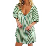 Womens Striped Romper Puff Sleeve Mini Dress V Neck Short Jumpsuit Beach Vacation Outfits(Grün,XX-Large)