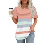 Womens Striped Short Sleeve Horizontal T-Shirt Ladies Crewneck Colorblock Printed Tunic Tees Fashion Summer Blouses Top