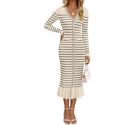 BTFONIA Women's Striped Sweater Dress Fall Long Sleeve V Neck Button Elegant Slim Fit Bodycon Knit Dresses(L)