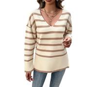 Women's Striped Sweaters Color Block Knit V-Neck Jumper Pullover Fall Winter Long Sleeve Drop Shoulder Loose Sweater