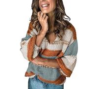 Womens Striped Sweaters Thermal Crochet Knit Jumpers Casual Soft Fashion V Neck Tops Warm Pull Over Knit Tops Women's Long Sleeve Knitted Striped Pullover Fashion Sweater Winter Clothes (Coffee, XL)