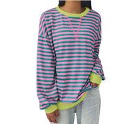 Womens Striped Sweatshirt Clearance Ladies Oversized Long Sleeve Tops Crew Neck Tops Striped Color Block Y2K Sweatshirt Casual Loose Pullover Jumper Sweaters Cute Teen Girls Trendy Clothes S-6XL