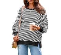 Women's Striped Waffle Knit Pullover Sweatshirt Long Sleeve Split Hem tops | Polyester Fabric, Medium Stretch, Regular for Fit, Ideal For Vacation, Beach, Yoga, Cycling