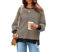 Women's Striped Waffle Knit Pullover Sweatshirt Long Sleeve Split Hem tops | Polyester Fabric, Medium Stretch, Regular for Fit, Ideal For Vacation, Beach, Yoga, Cycling