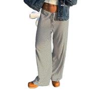Women's Striped Wide Leg Pants Belted Elastic Drawstring Waisted Casual High-Waisted Drawstring Pajama Trousers (Black,M)