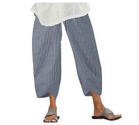 Women's Striped Wide Leg Trousers Elastic High Waist Cropped Harem Pants Summer Cotton Linen Comfy Boho Beach Pants Blue