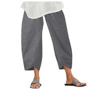 Women's Striped Wide Leg Trousers Elastic High Waist Cropped Harem Pants Summer Cotton Linen Comfy Boho Beach Pants Black