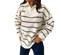 Women's Striped Zip Up Sweater Cozy Long Sleeve Loose Knitted Jumpers Quarter Zip Casual Pullover 2025 Trendy Sweatshirt(Khaki,M)