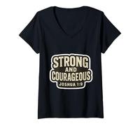 Womens Strong and Courageous Bible Verse Quote Christian Joshua 1:9 V-Neck T-Shirt