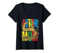 Women's Strong Autism Mom Retro Flexing Woman Puzzle Piece Awareness V-Neck T-Shirt