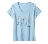 Women's Strong Brave Fearless Loving Kind Beautiful Mom Floral V-Neck T-Shirt