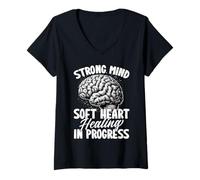Womens Strong Mind Soft Heart Healing in Progress Mental Health V-Neck T-Shirt