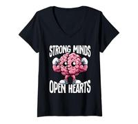 Womens Strong Minds Open Hearts Mental Health Awareness Brain V-Neck T-Shirt