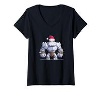 Womens Strong Stone Golem with Muscles and Santa Hat V-Neck T-Shirt
