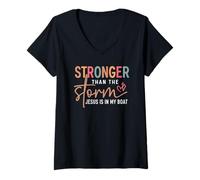 Womens Stronger Than The Storm Jesus Is In My Boat Christian Gift V-Neck T-Shirt