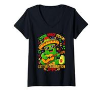 Women's Strum Dance Fiesta Let The Celebration Begin Cactus Guitar V-Neck T-Shirt
