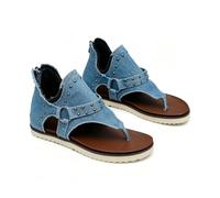 Women's Studded Canvas Thong Sandals, Bohemian Style Ankle Strap Flip Flops with Back Zipper, Casual Flat Summer Beach Shoes Blue