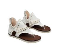 Women's Studded Canvas Thong Sandals, Bohemian Style Ankle Strap Flip Flops with Back Zipper, Casual Flat Summer Beach Shoes White