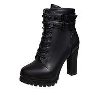 Womens Studded Double Buckle Strap Platform Chunky High Heel Ankle Boots | Non-Slip Gothic Punk Motorcycle Lace Up Combat Booties for Streetwear Party Clubbing, Soft PU Leather Round Toe Lug Sole