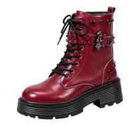 Womens Studded Lace Up Platform Combat Boots Chunky Lug Sole Punk Booties | Gothic Biker Booties for Clubbing Halloween Party, Soft PU Leather Round Toe Mid Calf Boots Non-Slip Heavy Duty