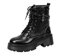 Womens Studded Lace Up Platform Combat Boots Chunky Lug Sole Punk Booties | Gothic Biker Booties for Clubbing Halloween Party, Soft PU Leather Round Toe Mid Calf Boots Non-Slip Heavy Duty