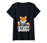 Women's Study Buddy Fox Cute Student Reading Graphic V-Neck T-Shirt