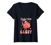 Womens Stuffed with Sassy Thanksgiving Pink Color Turkey Bow Tie V-Neck T-Shirt