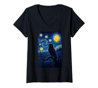 Womens Stunning Van Gogh Owl Design Inspired by Starry Night V-Neck T-Shirt