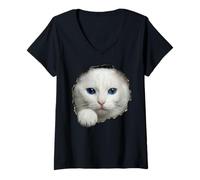Women's Stunning White Cat Blue Eyes Peeking Through V-Neck T-Shirt