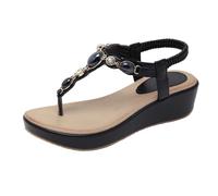 Women's Style Wedge Flip Flop Sandals, Rhinestone & Faux Pearl Decor Thong Sandals with Adjustable Buckle Strap, Casual Summer Platform Shoes for Beach & Daily Wear Black