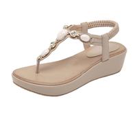 Women's Style Wedge Flip Flop Sandals, Rhinestone & Faux Pearl Decor Thong Sandals with Adjustable Buckle Strap, Casual Summer Platform Shoes for Beach & Daily Wear Beige