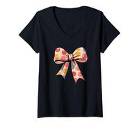Womens Stylish colored Polka Dot Bow Retro Coquette inspired V-Neck T-Shirt