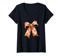 Womens Stylish colored Polka Dot Bow Retro Coquette inspired V-Neck T-Shirt