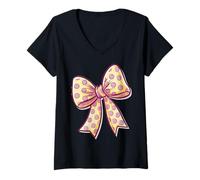 Womens Stylish colored Polka Dot Bow Retro Coquette inspired V-Neck T-Shirt