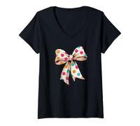 Womens Stylish colored Polka Dot Bow Retro Coquette inspired V-Neck T-Shirt