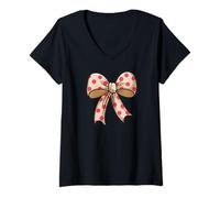 Womens Stylish colored Polka Dot Bow Retro Coquette inspired V-Neck T-Shirt
