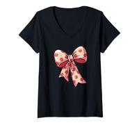 Womens Stylish colored Polka Dot Bow Retro Coquette inspired V-Neck T-Shirt