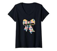 Womens Stylish colored Polka Dot Bow Retro Coquette inspired V-Neck T-Shirt
