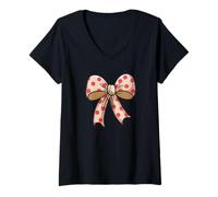 Womens Stylish colored Polka Dot Bow Retro Coquette inspired V-Neck T-Shirt