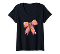 Womens Stylish colored Polka Dot Bow Retro Coquette inspired V-Neck T-Shirt