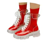 Women's Stylish Crystal Sole Fashionable Platform Ankle Boots with Socks, Raised Lacing, Transparent Elegant Block Heel Wellington Boots with Thick Seats, Comfort Classic Boots, red, 8.5 UK