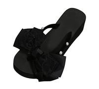 Womens Stylish Flip Flops Trendy Fashion Summer Women Slippers Thick Soles Wedge Heels Flip Flops Pearl Sequins Colorful Bow Casual for Indoor & Outdoor Holiday Summer Vocation (Black, 4.5)